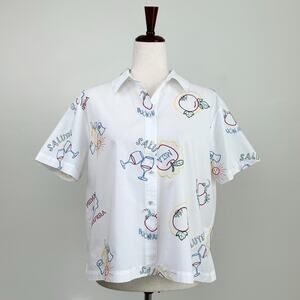 Jane + Delancey White Cotton Fruit Wine Embroidered Collared Shirt NWT